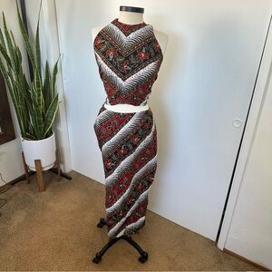 Vintage Bou Boudi Red Black 2 piece Patterned Halter top and skirt Dress set